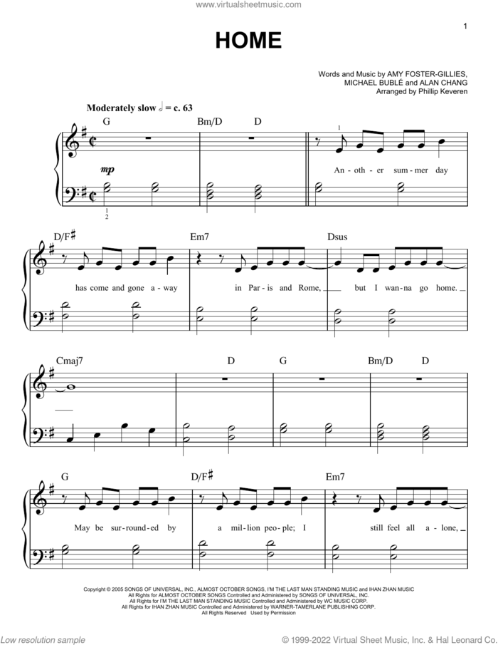 Home (arr. Phillip Keveren) sheet music for piano solo by Michael Buble, Phillip Keveren, Blake Shelton, Alan Chang and Amy Foster-Gillies, easy skill level