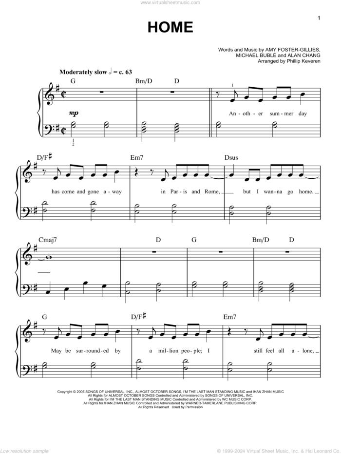 Home (arr. Phillip Keveren) sheet music for piano solo by Michael Buble, Phillip Keveren, Blake Shelton, Alan Chang and Amy Foster-Gillies, wedding score, easy skill level