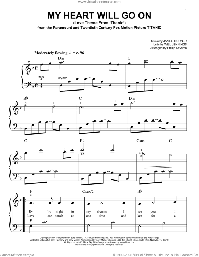 My Heart Will Go On (from Titanic) (arr. Phillip Keveren) sheet music for piano solo by Celine Dion, Phillip Keveren, James Horner and Will Jennings, easy skill level