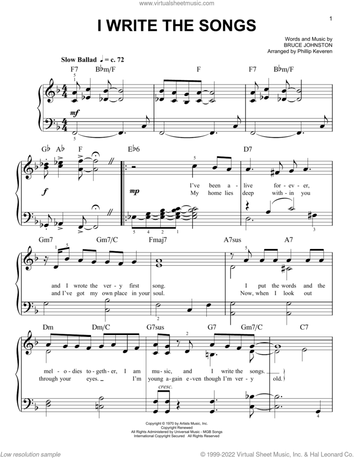 I Write The Songs (arr. Phillip Keveren) sheet music for piano solo by Barry Manilow, Phillip Keveren and Bruce Johnston, easy skill level