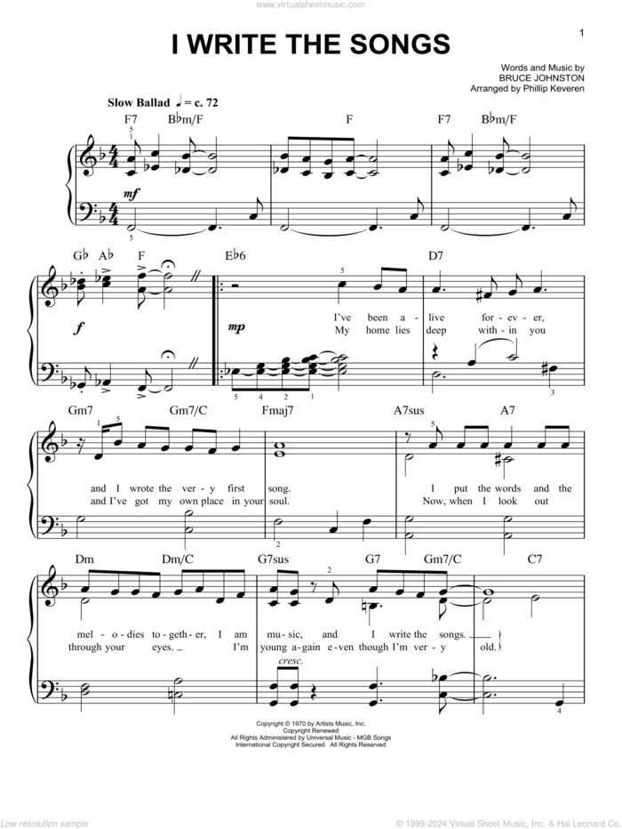 I Write The Songs (arr. Phillip Keveren) sheet music for piano solo by Barry Manilow, Phillip Keveren and Bruce Johnston, easy skill level