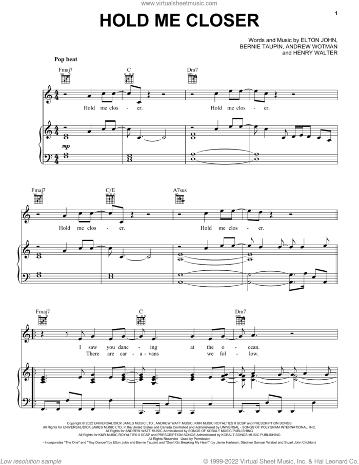 Hold Me Closer sheet music for voice, piano or guitar by Elton John & Britney Spears, Andrew Watt (Wotman), Bernie Taupin, Elton John and Henry Walter, intermediate skill level