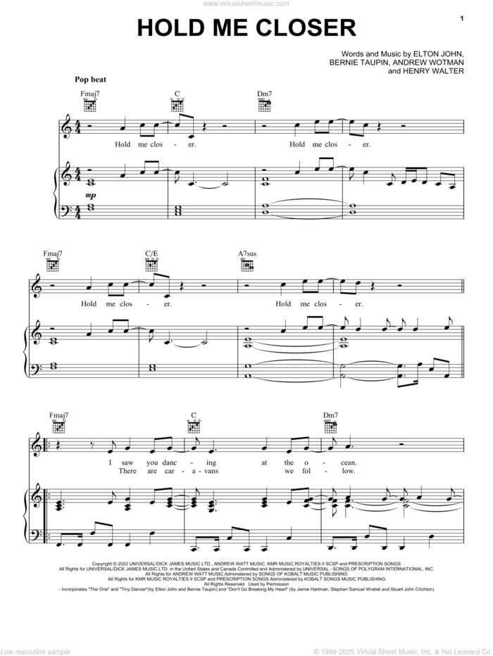 Hold Me Closer sheet music for voice, piano or guitar by Elton John & Britney Spears, Andrew Watt (Wotman), Bernie Taupin, Elton John and Henry Walter, intermediate skill level