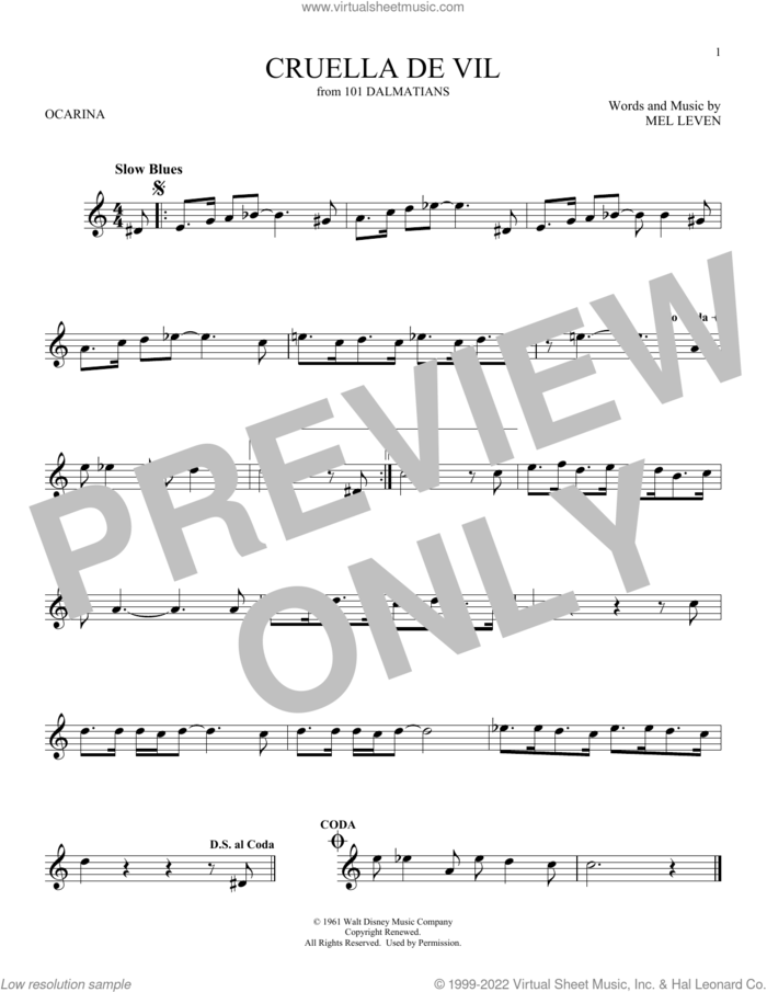 Cruella De Vil (from 101 Dalmatians) sheet music for ocarina solo by Mel Leven, intermediate skill level