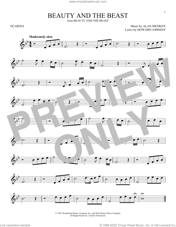 Beauty And The Beast sheet music for ocarina solo by Alan Menken, Alan Menken & Howard Ashman and Howard Ashman, intermediate skill level