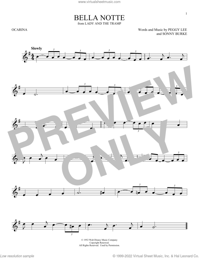 Bella Notte (from Lady And The Tramp) sheet music for ocarina solo by Peggy Lee and Sonny Burke, intermediate skill level