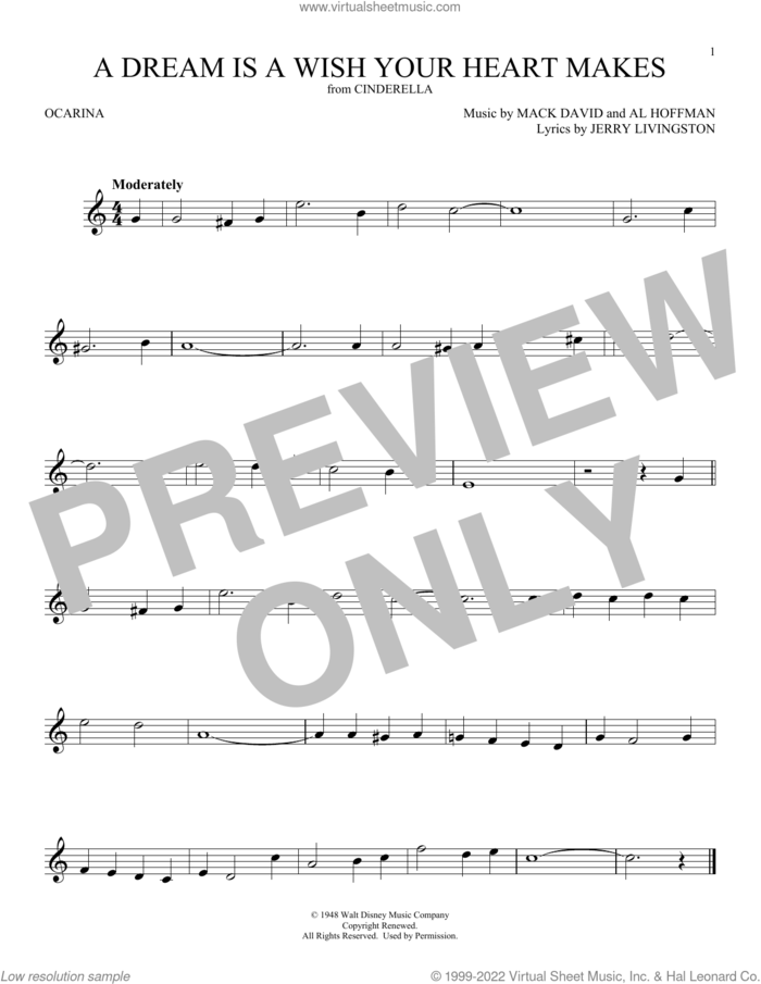 A Dream Is A Wish Your Heart Makes (from Cinderella) sheet music for ocarina solo by Ilene Woods, Al Hoffman, Jerry Livingston and Mack David, intermediate skill level