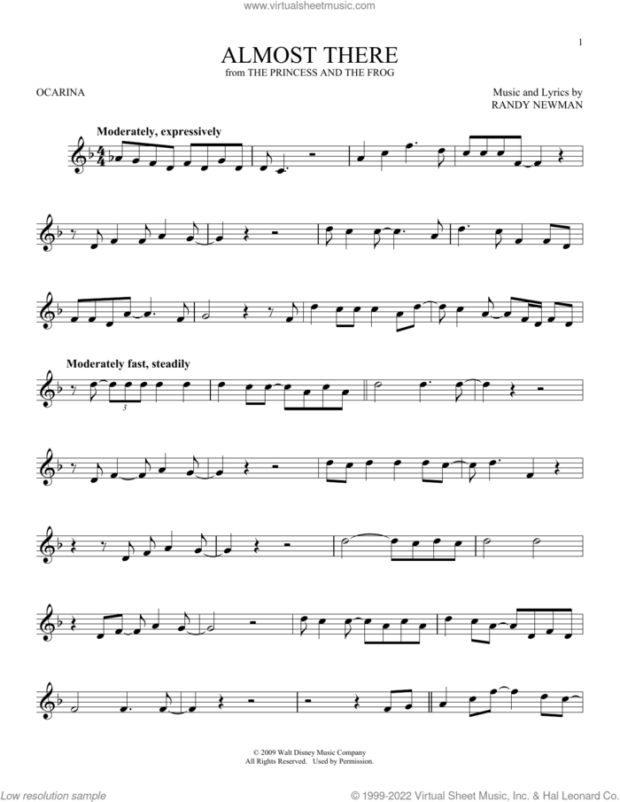 Almost There (from The Princess And The Frog) sheet music for ocarina solo by Randy Newman, intermediate skill level
