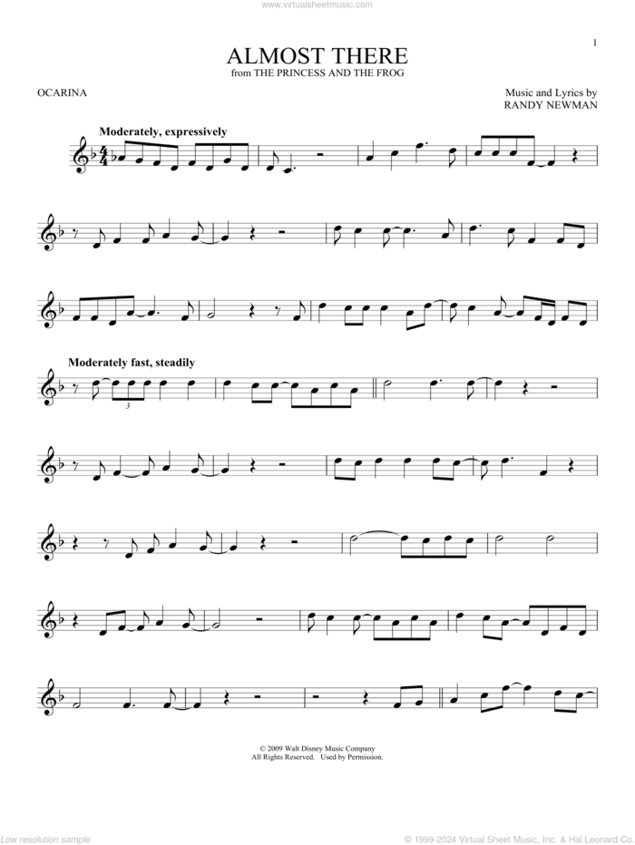 Almost There (from The Princess And The Frog) sheet music for ocarina solo by Randy Newman, intermediate skill level