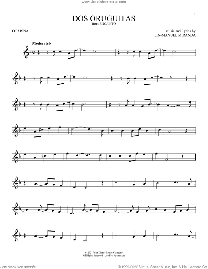 Dos Oruguitas (from Encanto) sheet music for ocarina solo by Lin-Manuel Miranda and Sebastian Yatra, intermediate skill level