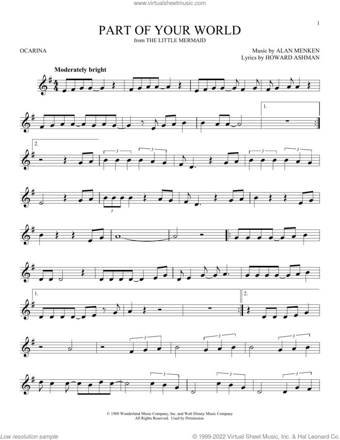 Part Of Your World (from The Little Mermaid) sheet music for ocarina solo by Alan Menken & Howard Ashman, Alan Menken and Howard Ashman, intermediate skill level