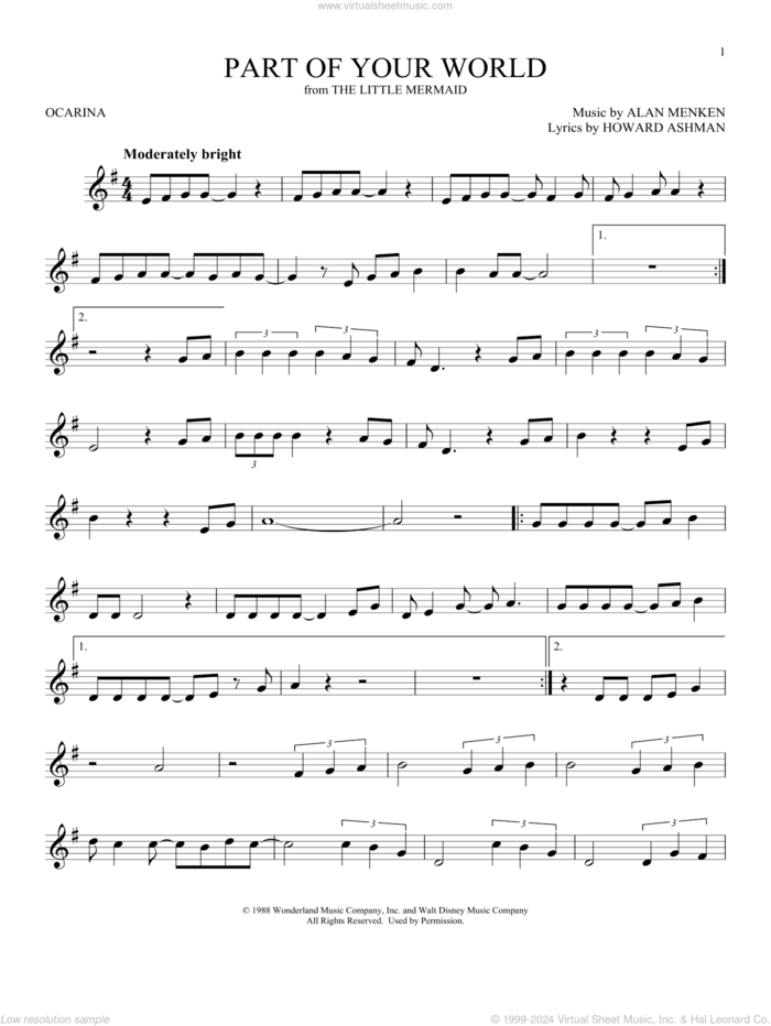 Part Of Your World (from The Little Mermaid) sheet music for ocarina solo by Alan Menken & Howard Ashman, Alan Menken and Howard Ashman, intermediate skill level