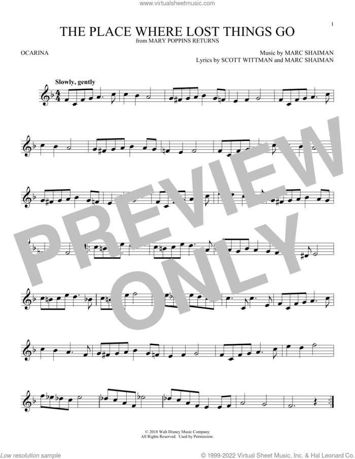 The Place Where Lost Things Go (from Mary Poppins Returns) sheet music for ocarina solo by Emily Blunt, Marc Shaiman and Scott Wittman, intermediate skill level
