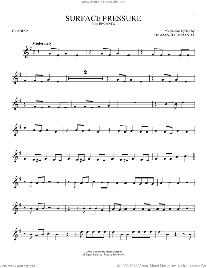 Surface Pressure (from Encanto) sheet music for ocarina solo by Lin-Manuel Miranda and Jessica Darrow, intermediate skill level