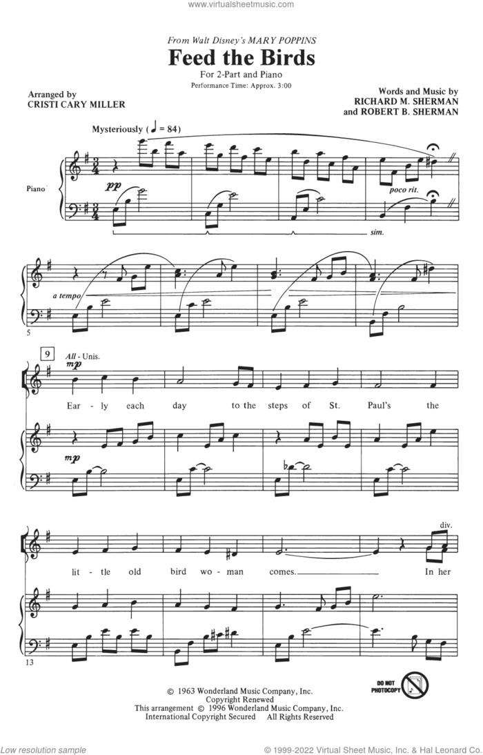 Feed The Birds (Tuppence A Bag) (from Mary Poppins) (arr. Cristi Cary Miller) sheet music for choir (2-Part) by Sherman Brothers, Cristi Cary Miller, Richard M. Sherman and Robert B. Sherman, intermediate duet