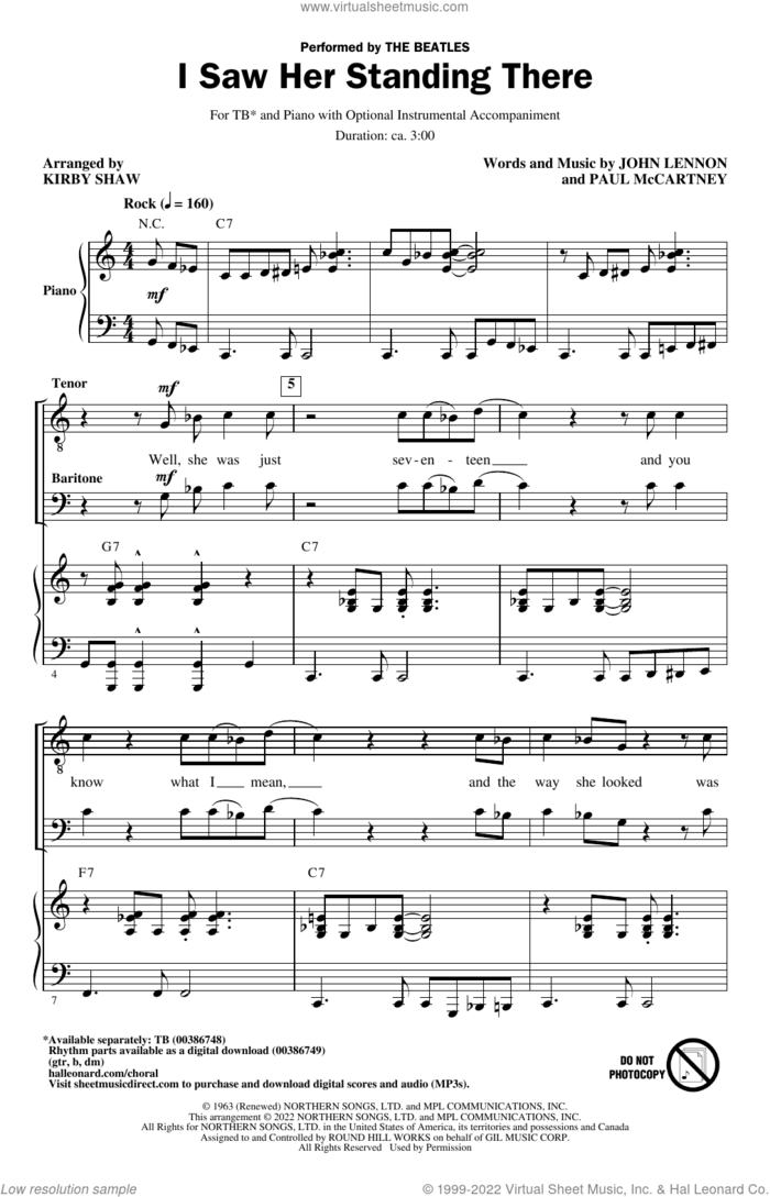 I Saw Her Standing There (arr. Kirby Shaw) sheet music for choir (TB: tenor, bass) by The Beatles, Kirby Shaw, John Lennon and Paul McCartney, intermediate skill level
