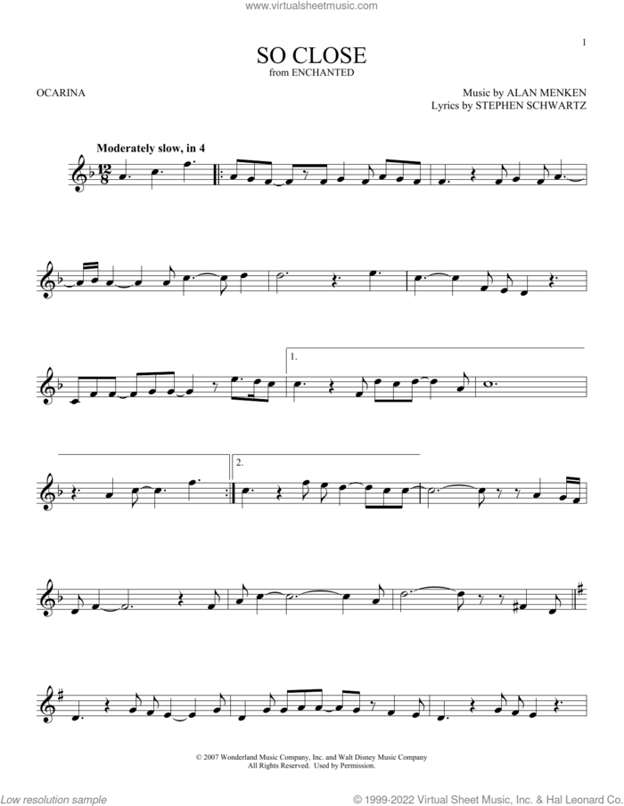 So Close (from Enchanted) sheet music for ocarina solo by Alan Menken, John McLaughlin and Stephen Schwartz, intermediate skill level
