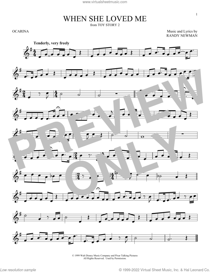 When She Loved Me (from Toy Story 2) sheet music for ocarina solo by Sarah McLachlan and Randy Newman, intermediate skill level