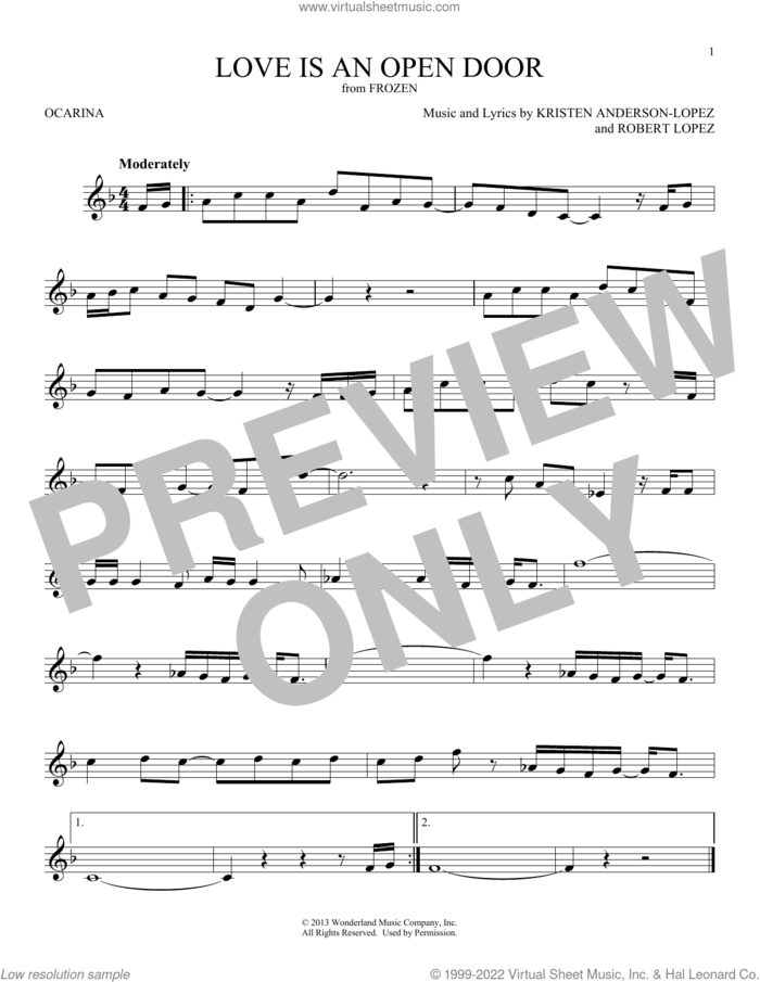 Love Is An Open Door (from Frozen) sheet music for ocarina solo by Kristen Bell & Santino Fontana, Kristen Anderson-Lopez and Robert Lopez, intermediate skill level