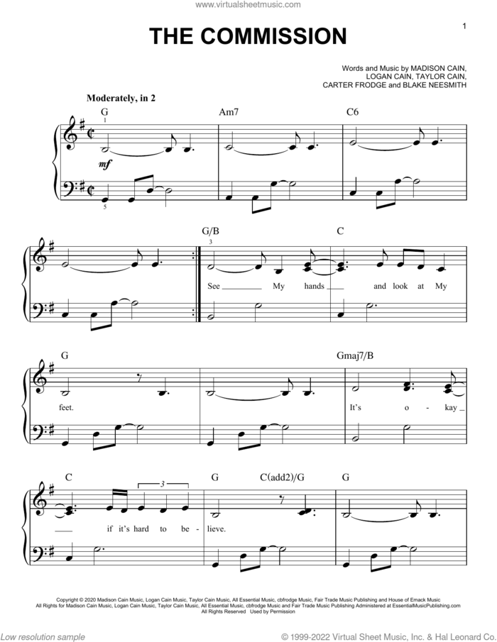 The Commission sheet music for piano solo by CAIN, Blake Neesmith, Carter Frodge, Logan Cain, Madison Cain and Taylor Cain, easy skill level