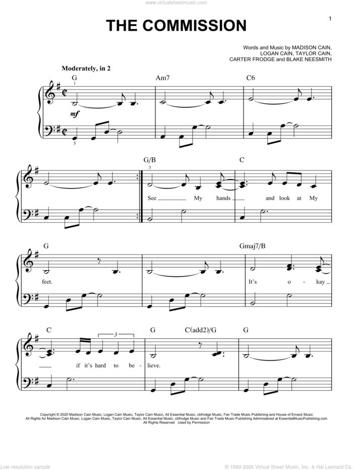 The Commission sheet music for piano solo by CAIN, Blake Neesmith, Carter Frodge, Logan Cain, Madison Cain and Taylor Cain, easy skill level