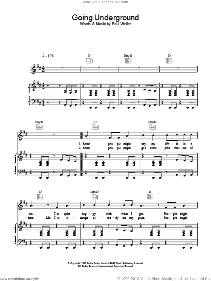 Going Underground sheet music for voice, piano or guitar by The Jam, intermediate skill level