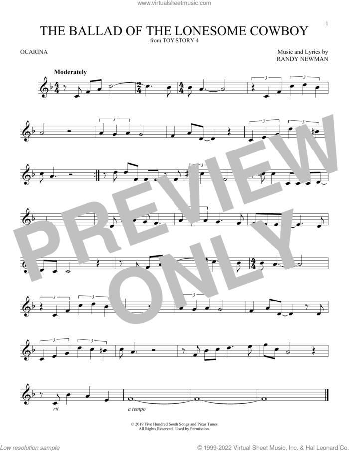 The Ballad Of The Lonesome Cowboy (from Toy Story 4) sheet music for ocarina solo by Chris Stapleton and Randy Newman, intermediate skill level