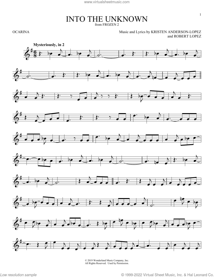 Into The Unknown (from Frozen 2) sheet music for ocarina solo by Idina Menzel and AURORA, Kristen Anderson-Lopez and Robert Lopez, intermediate skill level