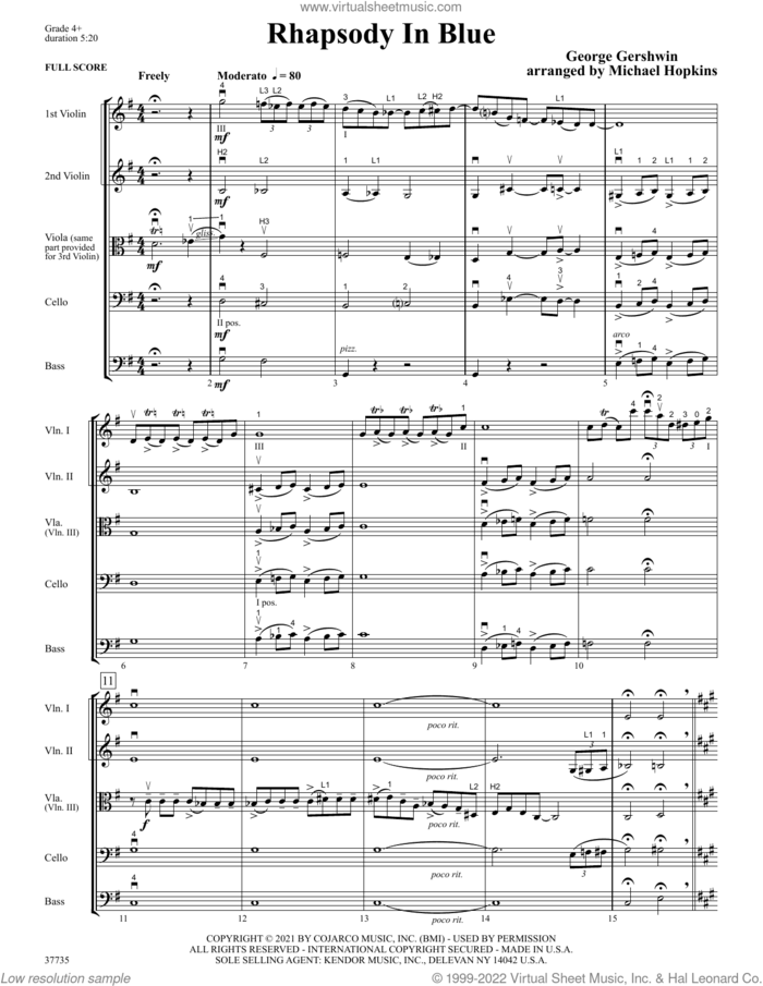 Rhapsody In Blue (arr. Michael Hopkins) (COMPLETE) sheet music for orchestra by George Gershwin and Michael Hopkins, intermediate skill level