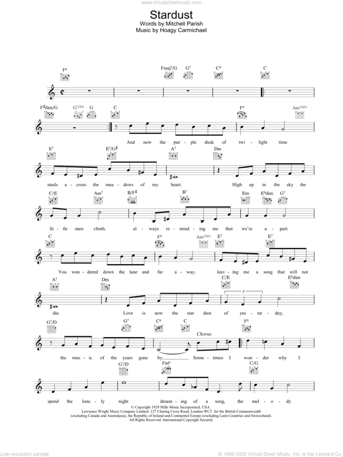 Stardust sheet music for voice and other instruments (fake book) by Frank Sinatra, Willie Nelson, Hoagy Carmichael and Mitchell Parish, intermediate skill level