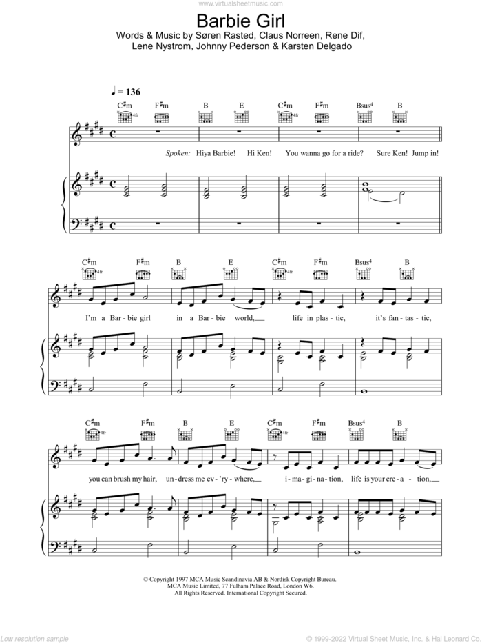 Barbie Girl sheet music for voice, piano or guitar by Aqua, intermediate skill level