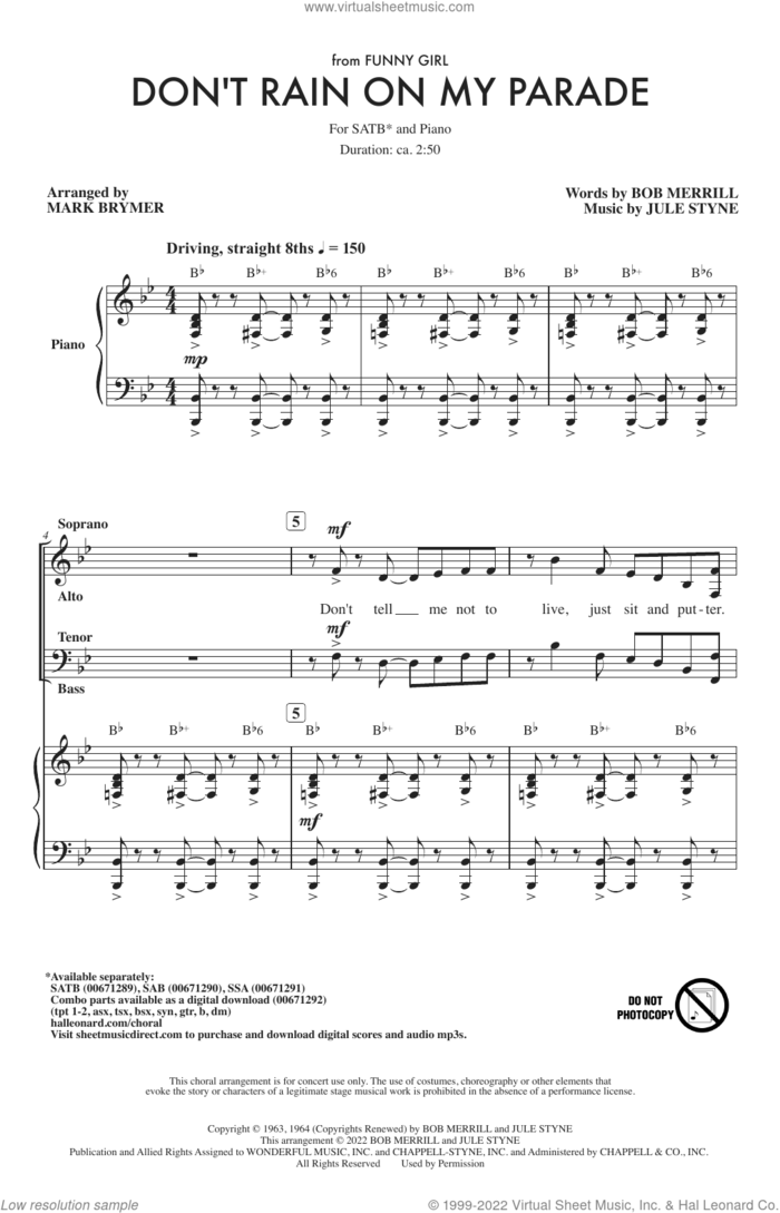 Don't Rain On My Parade (from Funny Girl) (arr. Mark Brymer) sheet music for choir (SATB: soprano, alto, tenor, bass) by Jule Styne, Mark Brymer, Bob Merrill and Bob Merrill & Jule Styne, intermediate skill level