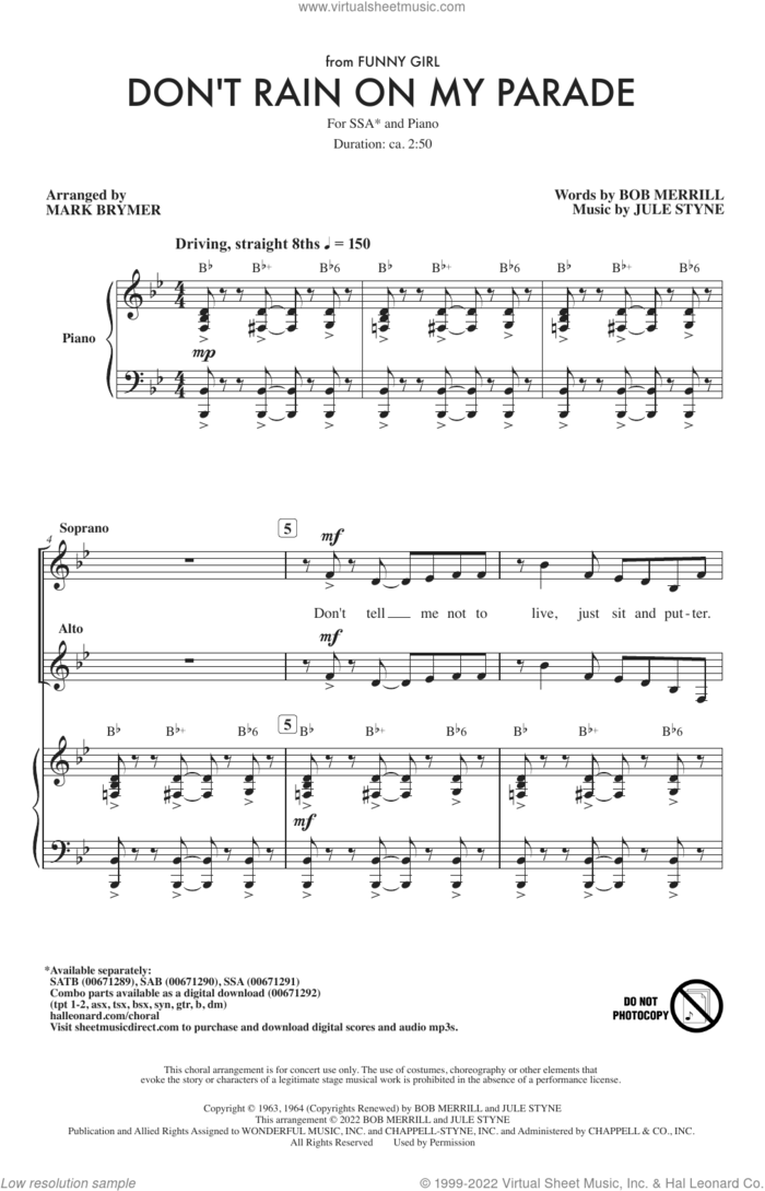 Don't Rain On My Parade (from Funny Girl) (arr. Mark Brymer) sheet music for choir (SSA: soprano, alto) by Jule Styne, Mark Brymer, Bob Merrill and Bob Merrill & Jule Styne, intermediate skill level