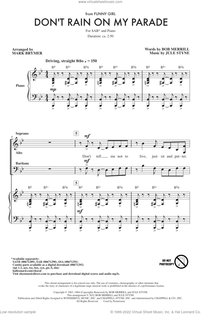 Don't Rain On My Parade (from Funny Girl) (arr. Mark Brymer) sheet music for choir (SAB: soprano, alto, bass) by Jule Styne, Mark Brymer, Bob Merrill and Bob Merrill & Jule Styne, intermediate skill level