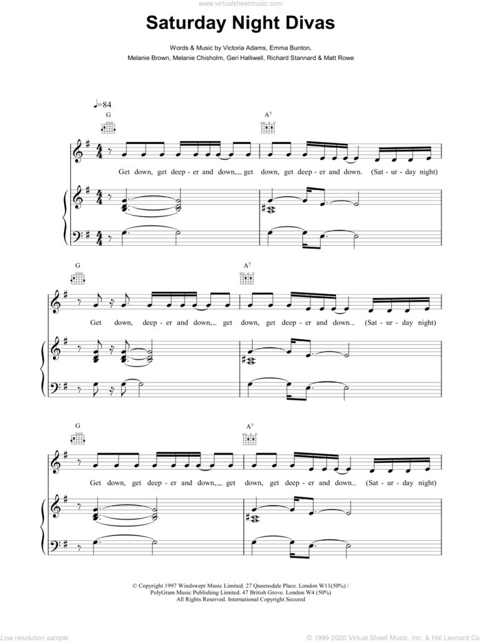 Saturday Night Divas sheet music for voice, piano or guitar by The Spice Girls, intermediate skill level