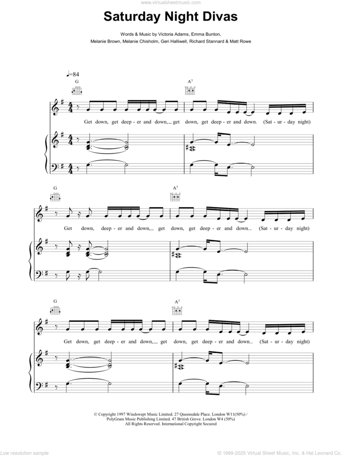 Saturday Night Divas sheet music for voice, piano or guitar by The Spice Girls, intermediate skill level