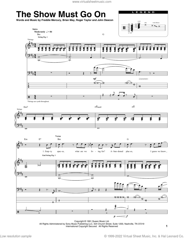 The Show Must Go On sheet music for chamber ensemble (Transcribed Score) by Queen, Brian May, Freddie Mercury, John Deacon and Roger Taylor, intermediate skill level