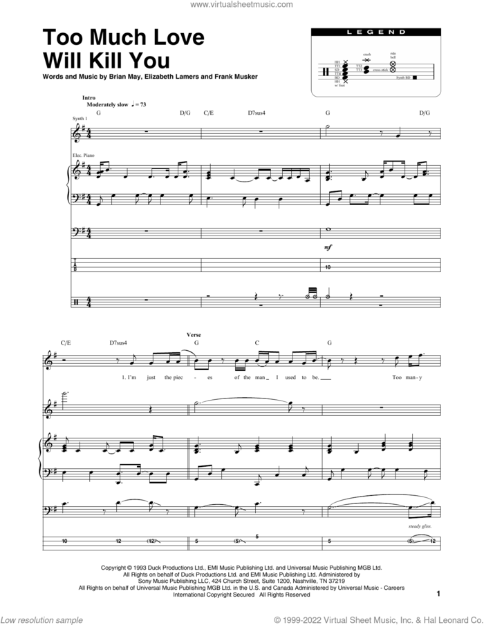 Too Much Love Will Kill You sheet music for chamber ensemble (Transcribed Score) by Queen, Brian May, Elizabeth Lamers and Frank Musker, intermediate skill level