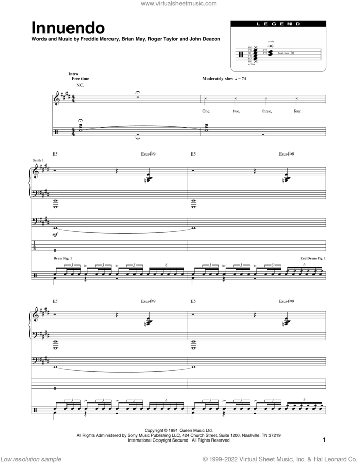 Innuendo sheet music for chamber ensemble (Transcribed Score) by Queen, Brian May, Freddie Mercury, John Deacon and Roger Taylor, intermediate skill level