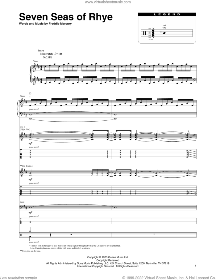 Seven Seas Of Rhye sheet music for chamber ensemble (Transcribed Score) by Queen and Freddie Mercury, intermediate skill level