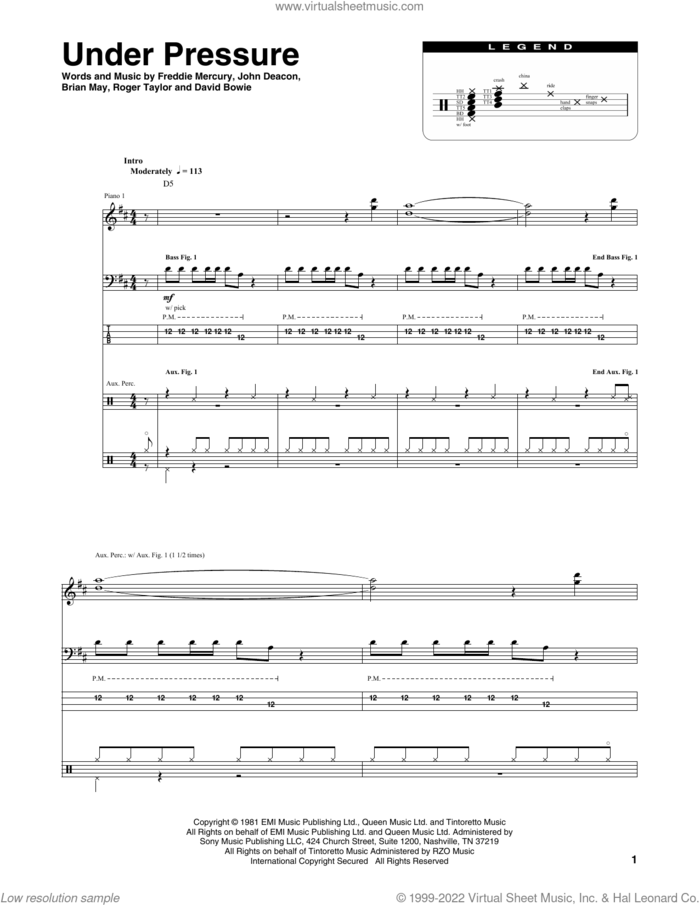 Under Pressure sheet music for chamber ensemble (Transcribed Score) by Queen, Brian May, David Bowie, Freddie Mercury, John Deacon and Roger Taylor, intermediate skill level