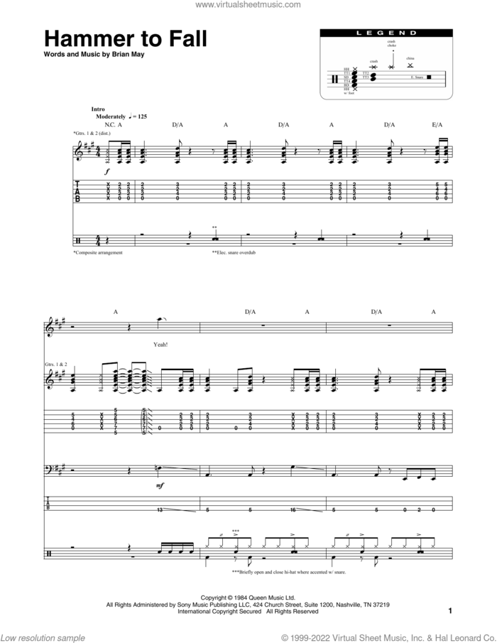 Hammer To Fall sheet music for chamber ensemble (Transcribed Score) by Queen and Brian May, intermediate skill level