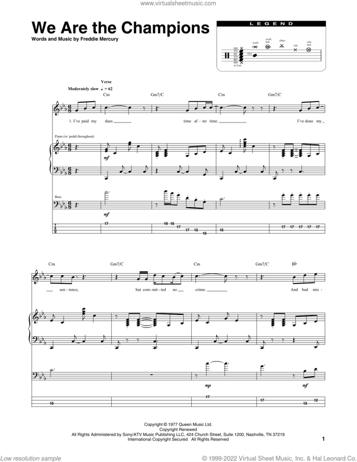 We Are The Champions sheet music for chamber ensemble (Transcribed Score) by Queen and Freddie Mercury, intermediate skill level