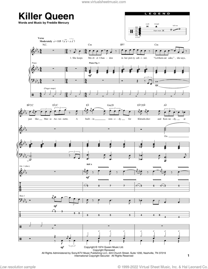 Killer Queen sheet music for chamber ensemble (Transcribed Score) by Queen and Freddie Mercury, intermediate skill level