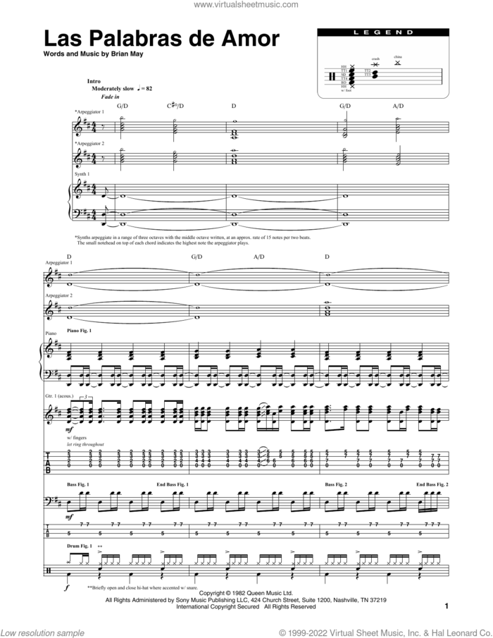 Las Palabras De Amor sheet music for chamber ensemble (Transcribed Score) by Queen and Brian May, intermediate skill level