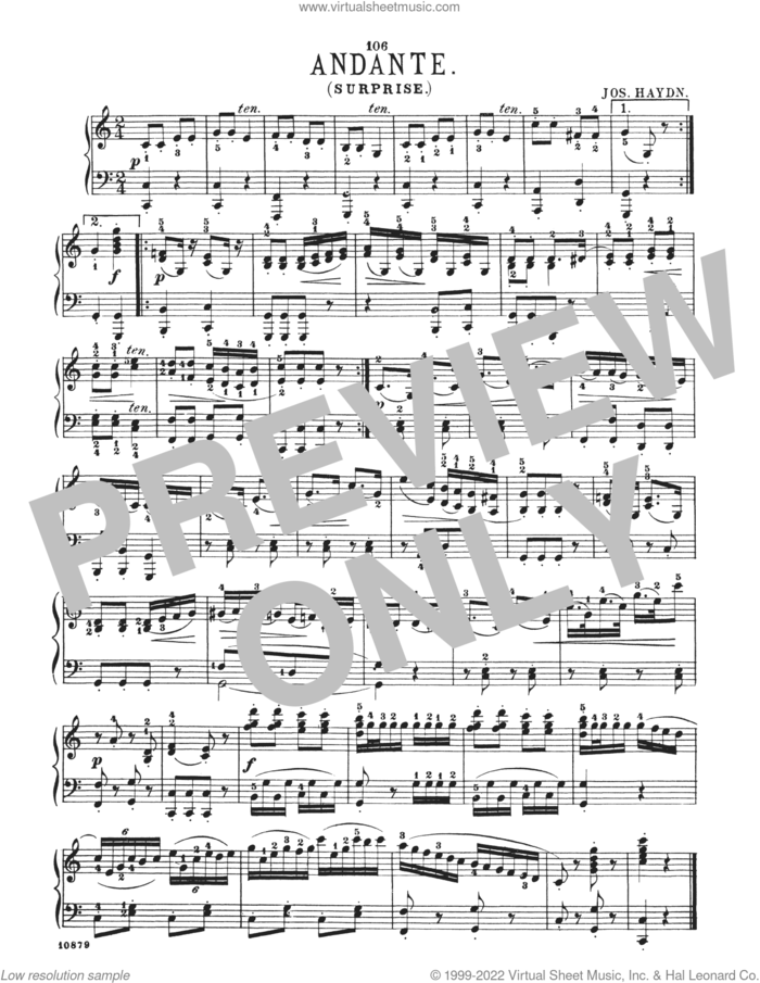 Andante In C Major ('Surprise') sheet music for piano solo by Franz Joseph Haydn, classical score, intermediate skill level
