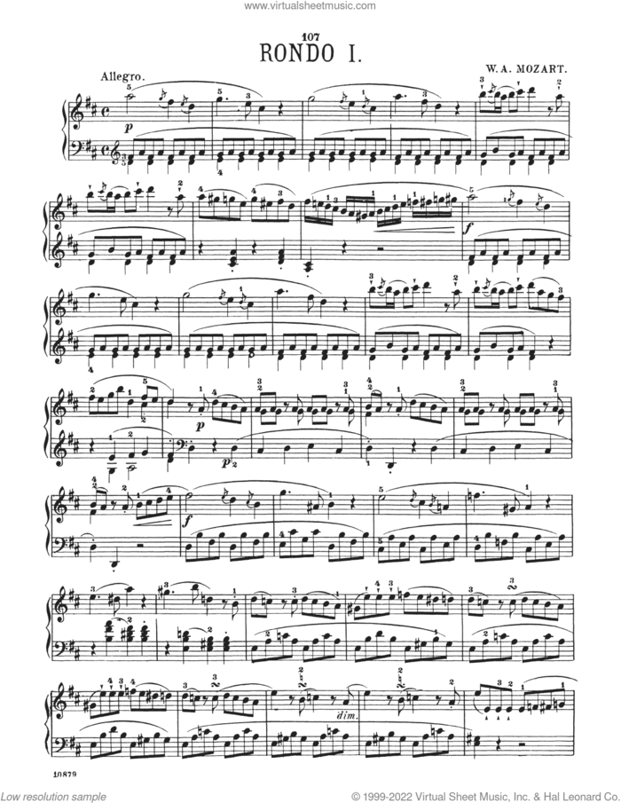 Rondo In D Major, K. 485 sheet music for piano solo by Wolfgang Amadeus Mozart, classical score, intermediate skill level