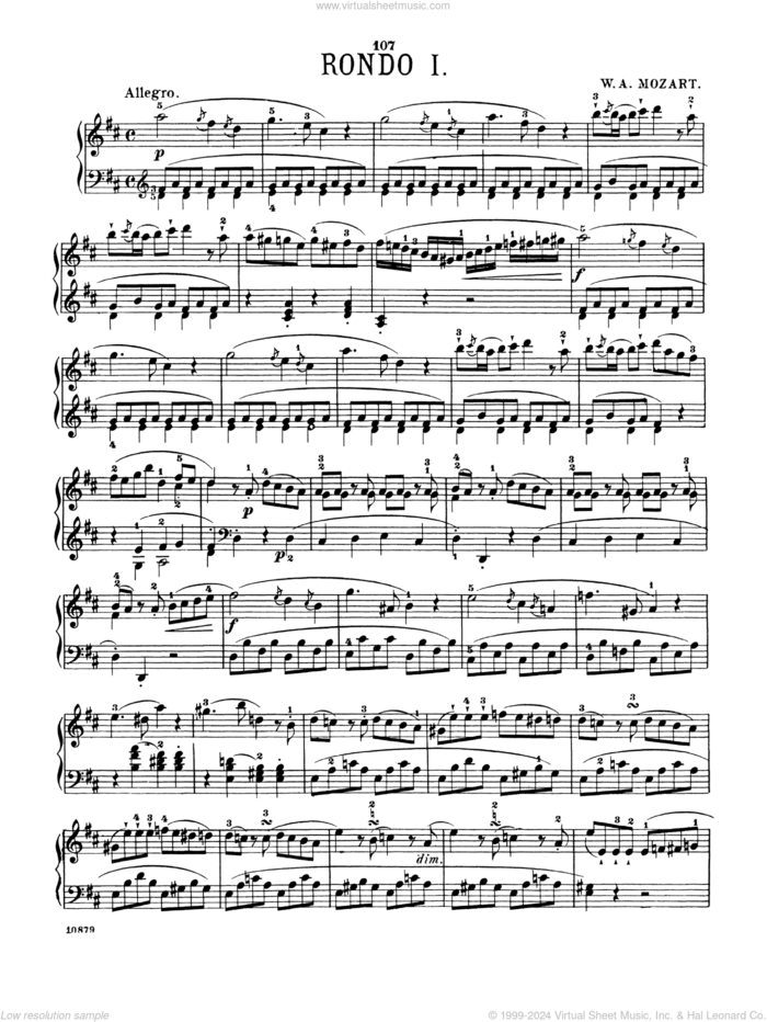 Rondo In D Major, K. 485 sheet music for piano solo by Wolfgang Amadeus Mozart, classical score, intermediate skill level