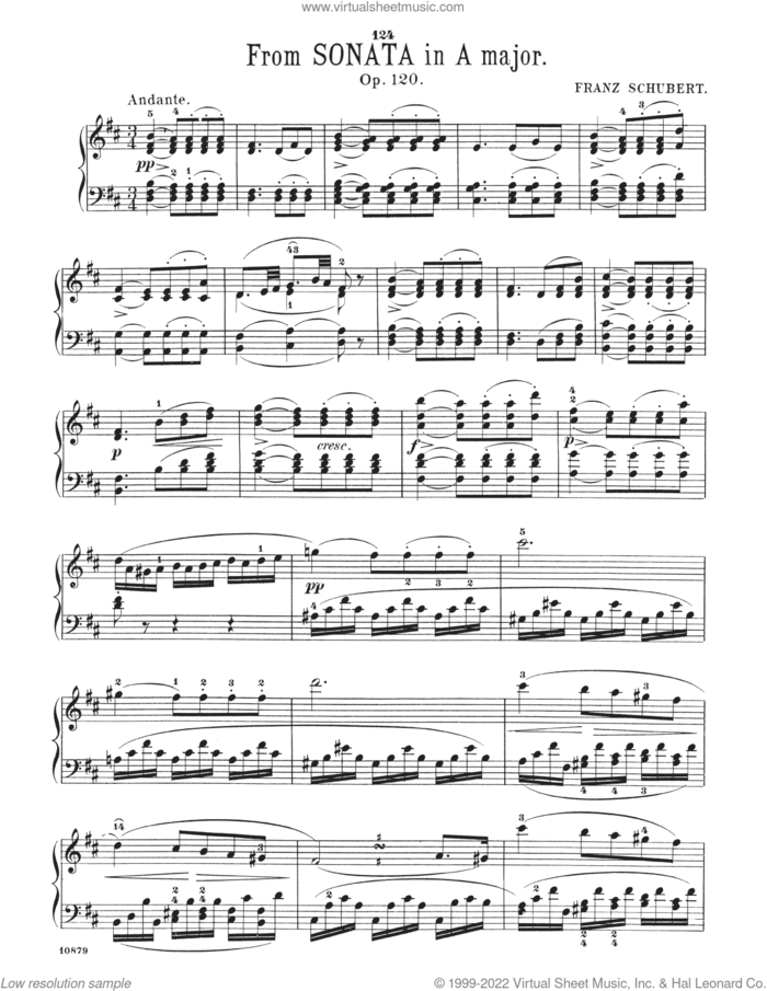 Sonata In A Major, Op. 120, 2nd mvt sheet music for piano solo by Franz Schubert, classical score, intermediate skill level