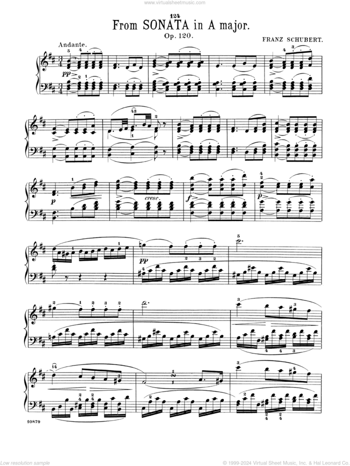 Sonata In A Major, Op. 120, 2nd mvt sheet music for piano solo by Franz Schubert, classical score, intermediate skill level